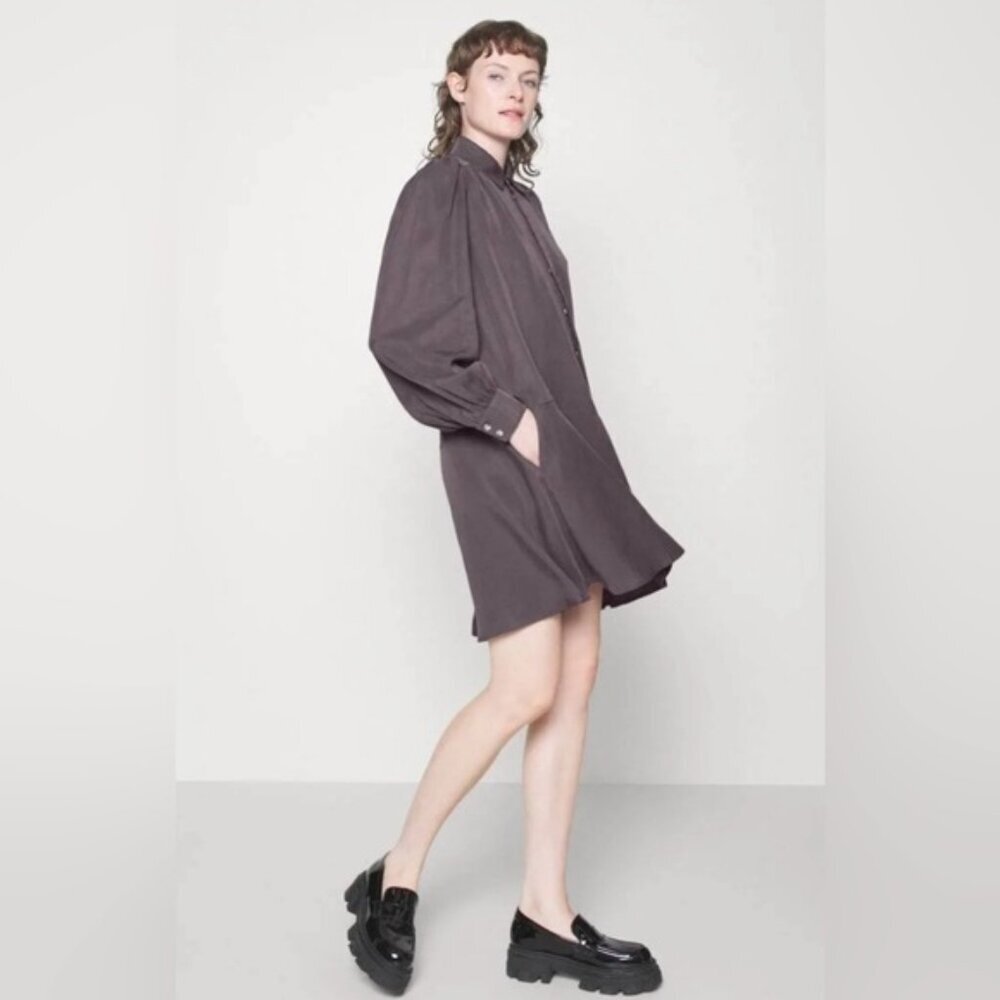 NWT SAMSOE SAMSOE Lizzy Shirt Dress in Grey Long Puff Sleeve Drop Waist Size M